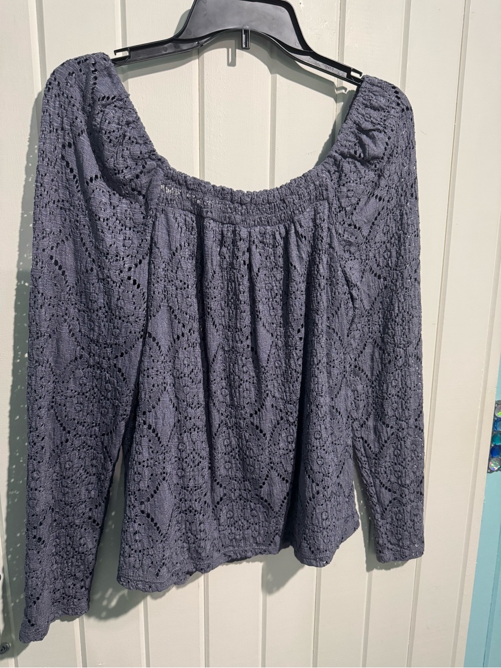 Maurices Lace Off-Shoulder Sweater in Slate Blue
